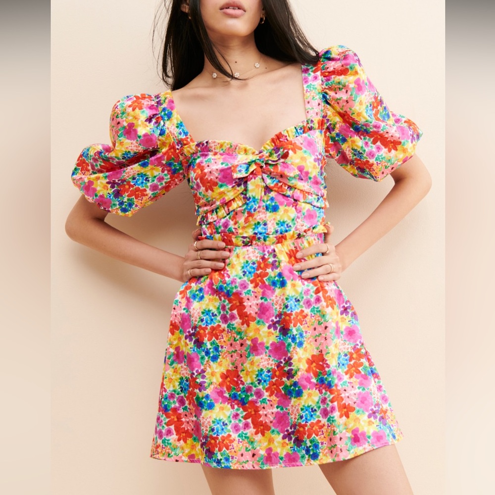 Merrill floral puff sleeve open back mini dress for love and lemons